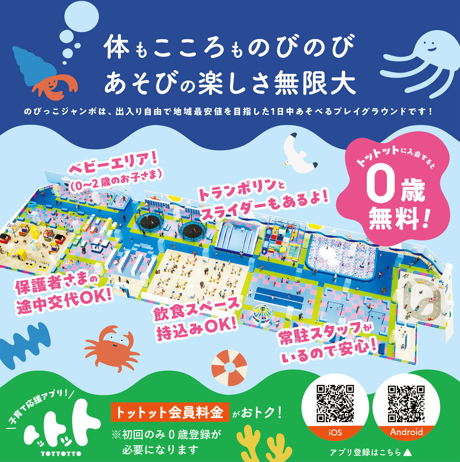 体もこころものびのび　あそびの楽しさ無限大　のびっこジャンボは、出入り自由で地域最安値を目指した１日中あそべるプレイグラウンドです！保護者さまの途中交代OK!飲食スぺース持込みOK!常駐スタッフがいるので安心！トットットに入会すると０歳無料！初回のみ０歳登録が必要になります。\