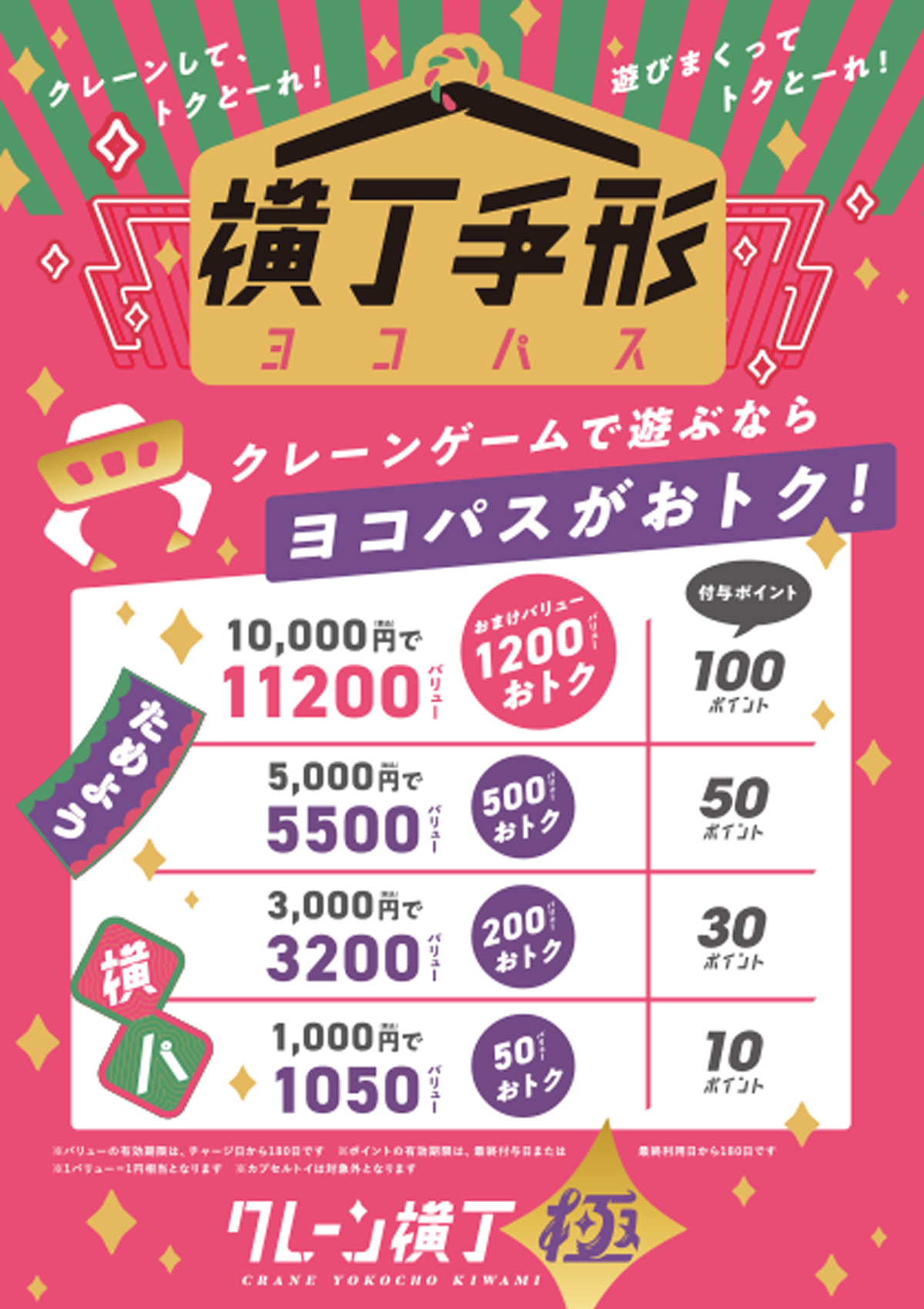 クレーンゲームで遊ぶならヨコパスがおトク!10000円で11200バリュー おまけバリュー1200バリューオトク(付与ポイント100ポイント)、5000円で5500バリュー おまけバリュー500バリューオトク(付与ポイント50ポイント)、3000円で3200バリュー おまけバリュー200バリューオトク(付与ポイント30ポイント)、1000円で1050バリュー おまけバリュー50バリューオトク(付与ポイント10ポイント)